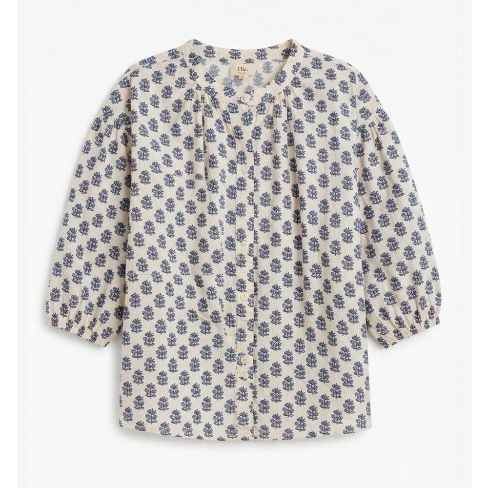 NWT Elie Tahari 100% Cotton Floral Block Print Band Collar Blouse Ivory Blue 1X